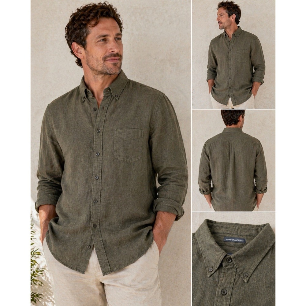 Eddie Bauer Men's XXL 100% Irish Linen Button Down Shirt Olive Green Long Sleeve
